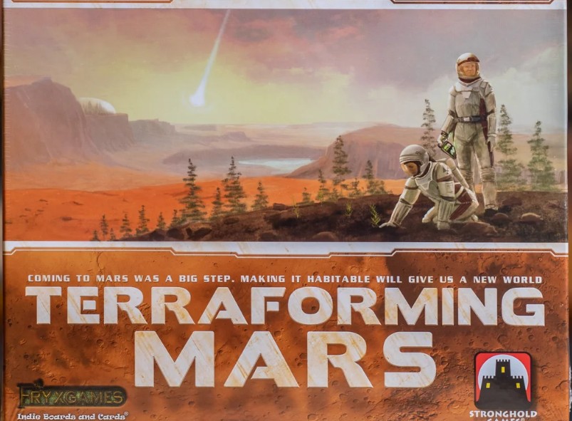 Terraforming Mars brætspil med spilleplade, kort og ressourcer